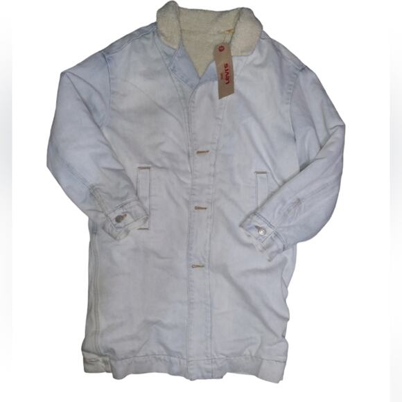 NWT Levi's Reversible Light Wash Denim Sherpa Long Line Heavy Coat Size S - Picture 4 of 5